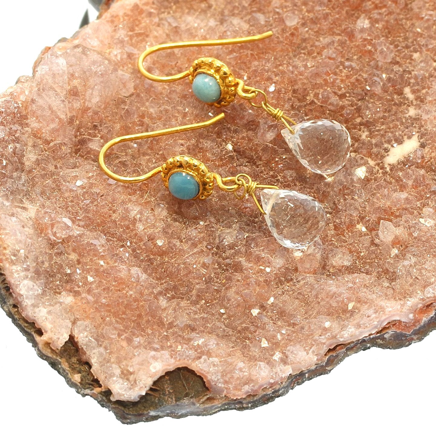 Caribbean Larimar Earrings 18K Gold With Faceted Crystal -NewWorldGems