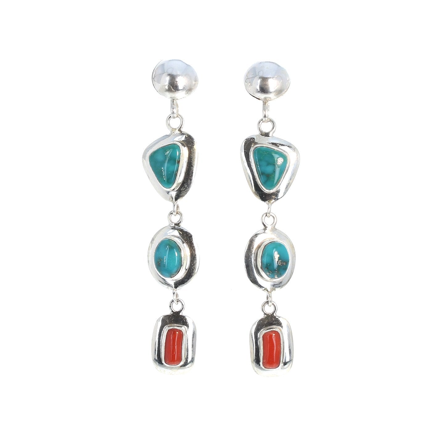 Blue Fox Turquoise Earrings Sterling Silver With Italian Coral -NewWorldGems