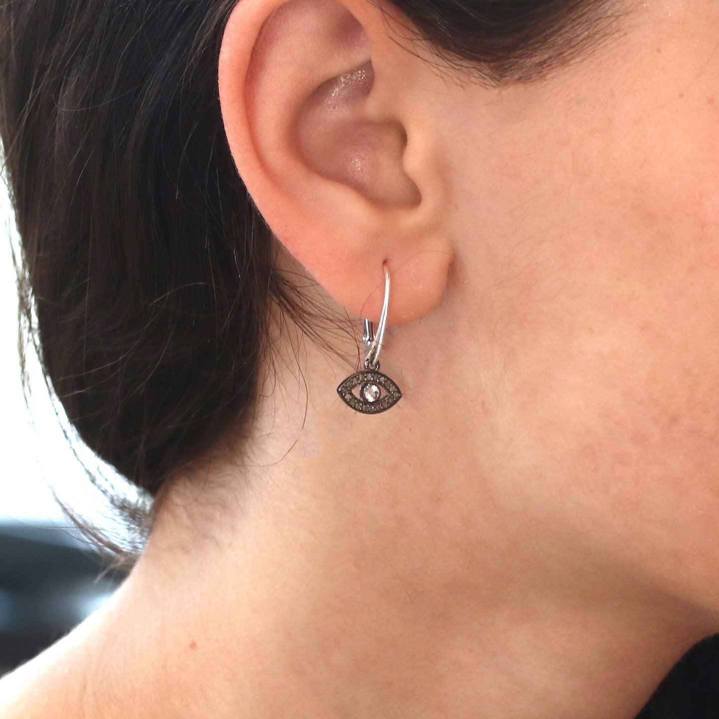 Pave Diamond Earrings Sterling Silver Evil Eye 1.25" -NewWorldGems