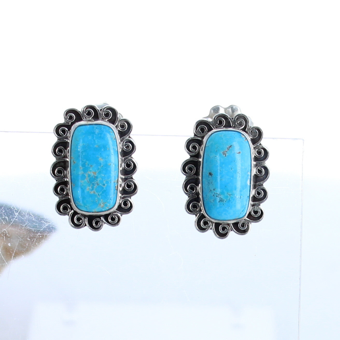Armenian Turquoise Portrait Earrings Post Spiral Cushions -NewWorldGems