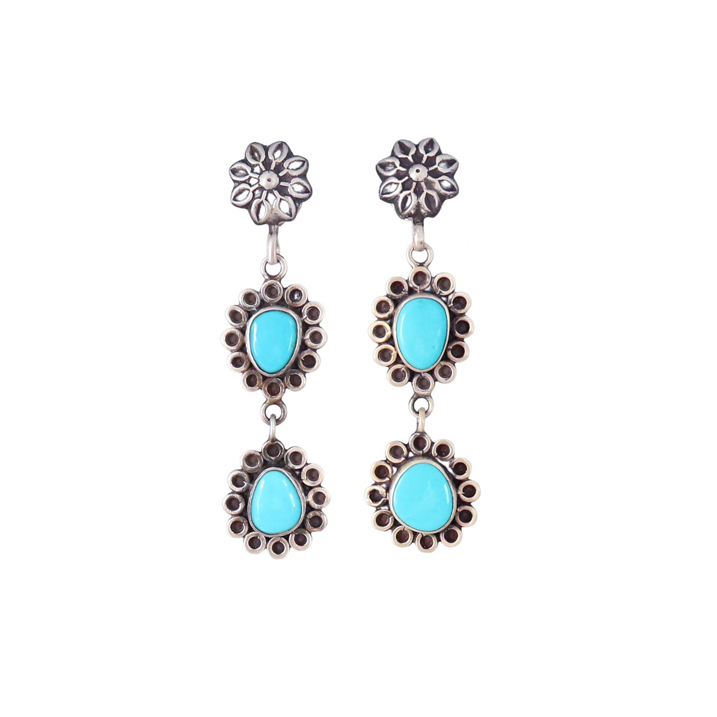 Sleeping Beauty Turquoise Earrings Floral Designs Sterling 2 Stone -NewWorldGems