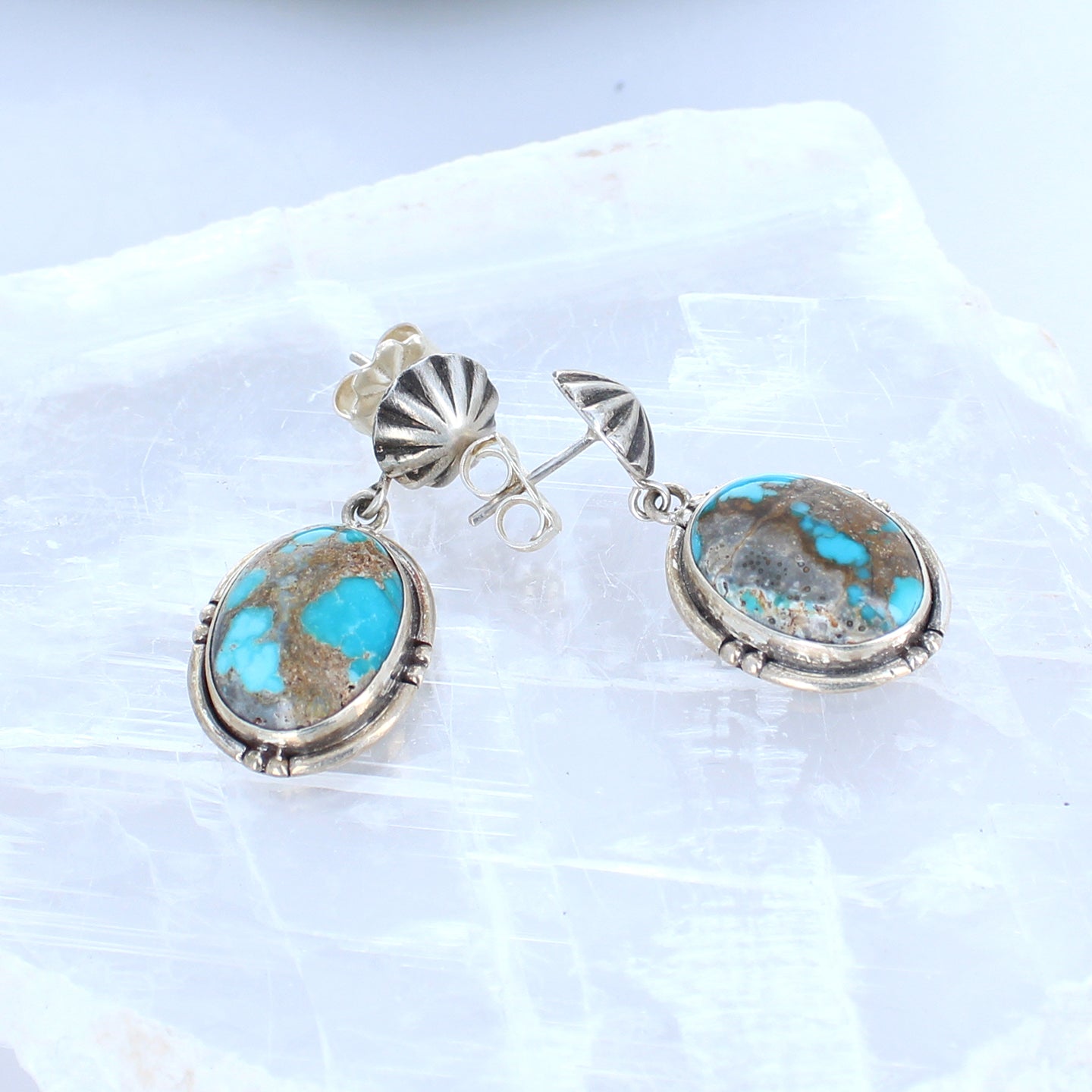 Carico Lake Turquoise Earrings Sterling Silver Blue Red Matrix Ovals -NewWorldGems
