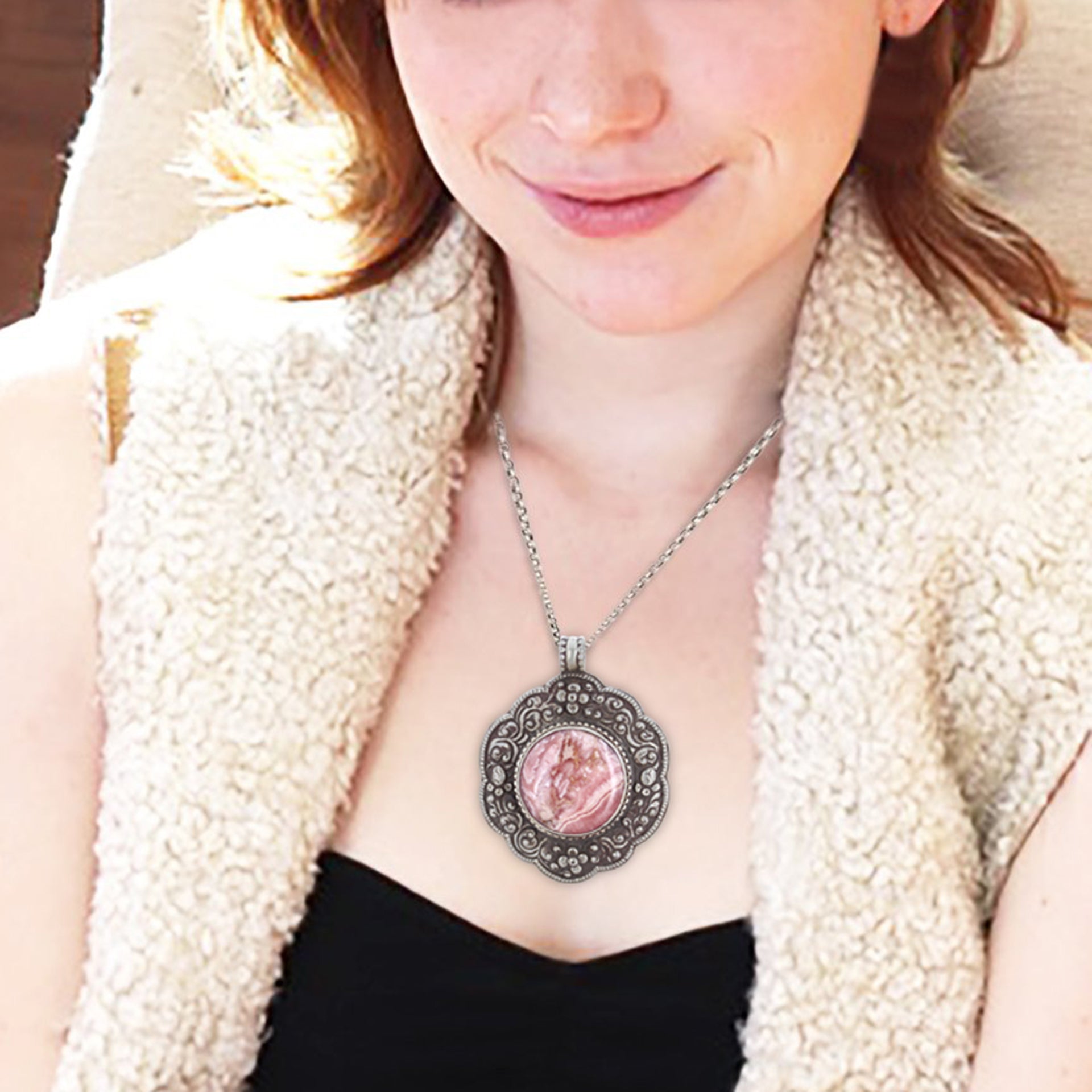 Rhodochrosite Sterling Tibetan Pendant Necklace -NewWorldGems