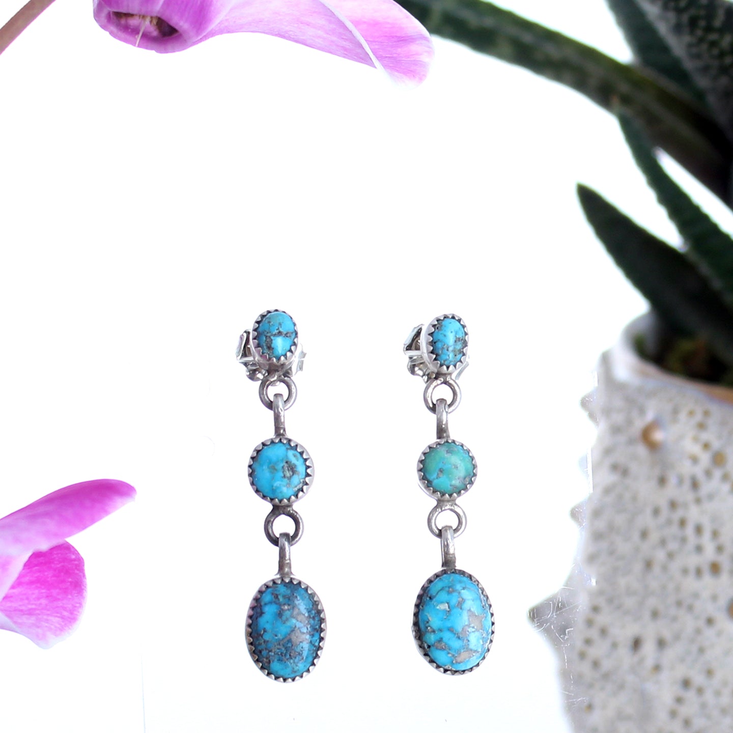 SONORAN BLUE Jay Turquoise Earrings Sterling 3 Stone Dangles -NewWorldGems