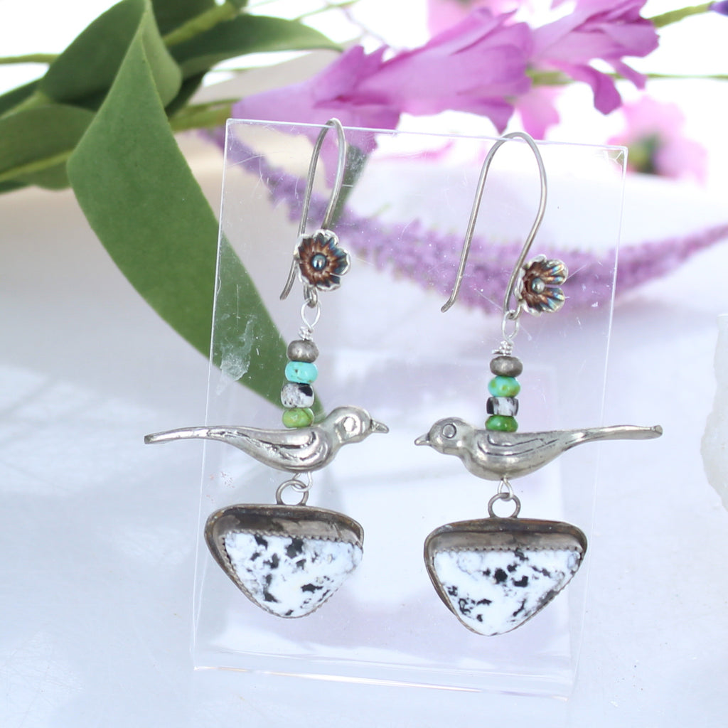 Gorgeous White Buffalo Sonoran Blue and White Turquoise Earrings Sterling Birds -NewWorldGems