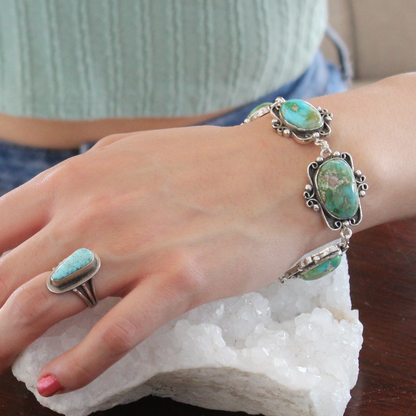 Sonoran MountainTurquoise Bracelet Sterling Scroll Design Multi Stone -NewWorldGems