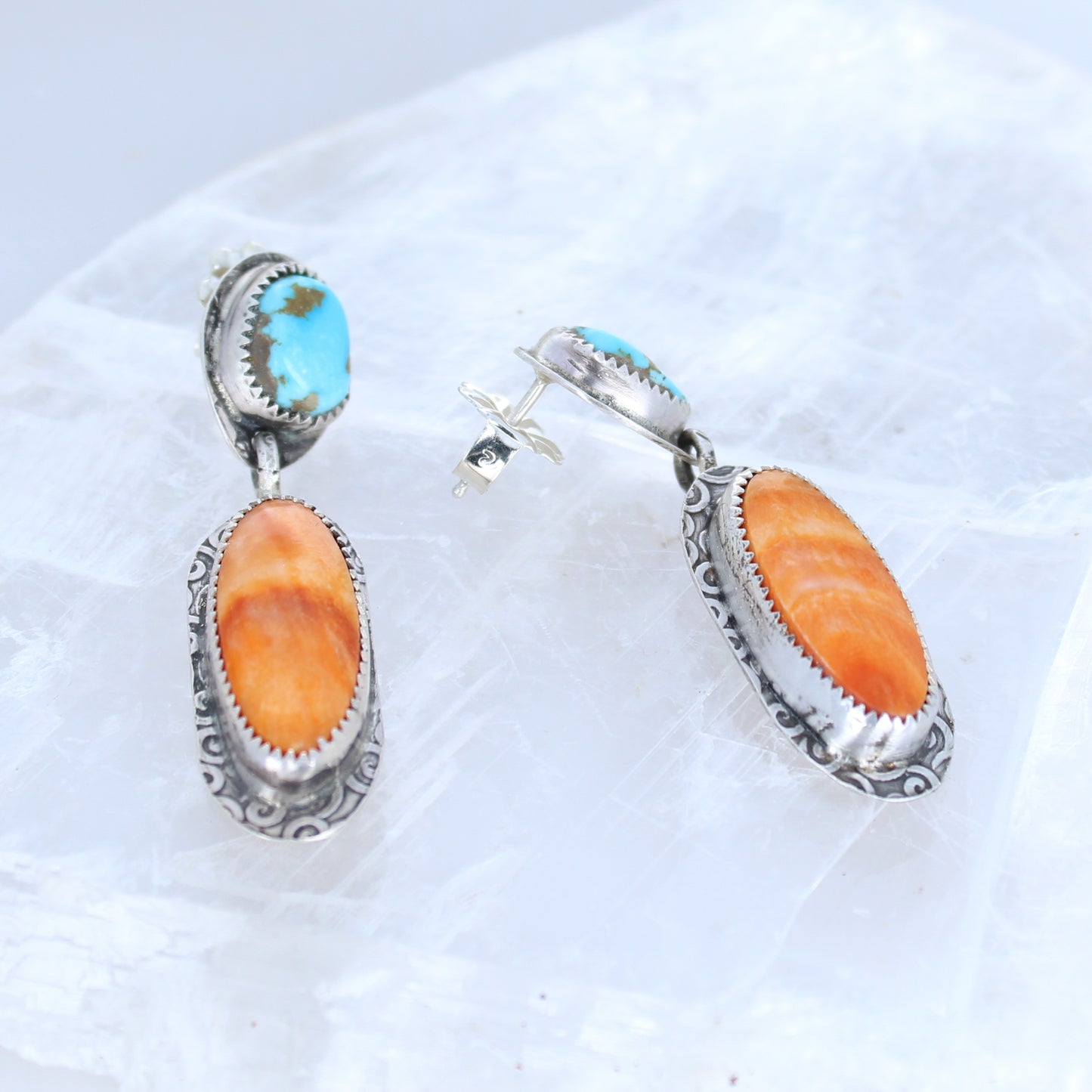 Sunset Lone Mountain Turquoise Sterling Earrings with Spiny Oyster Patterned -NewWorldGems