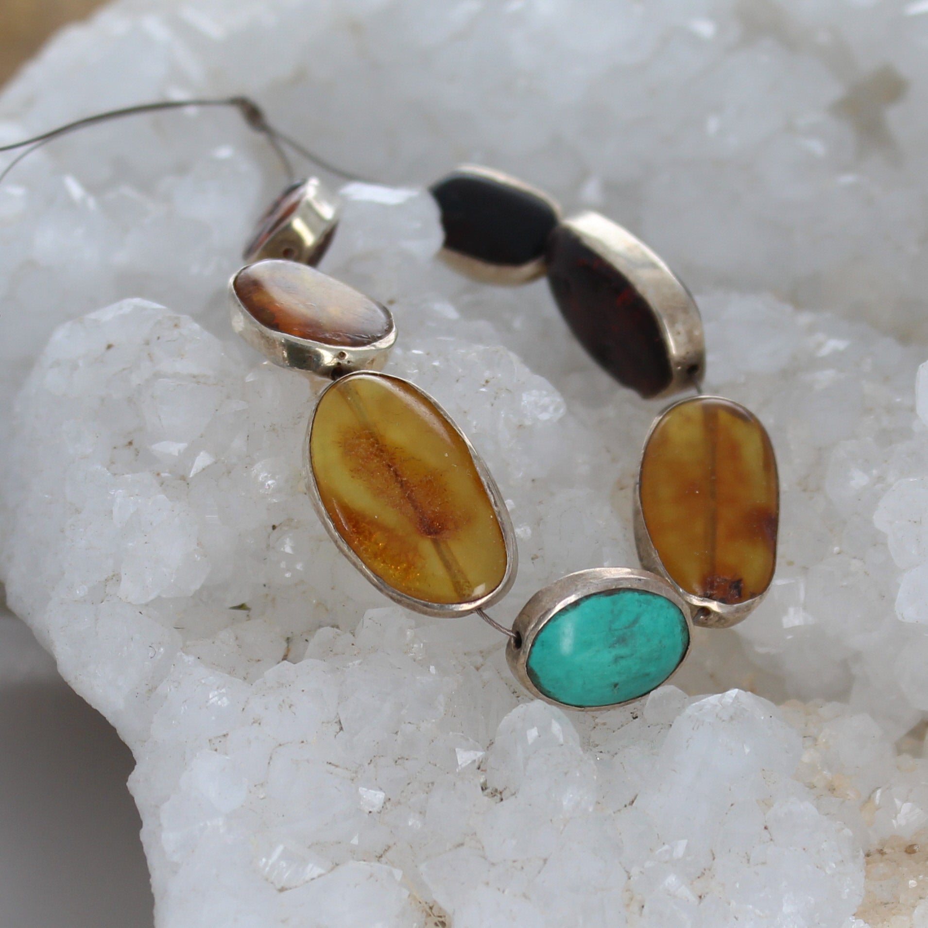 STERLING SILVER RIMMED Kingman Turquoise and Amber Beads -NewWorldGems