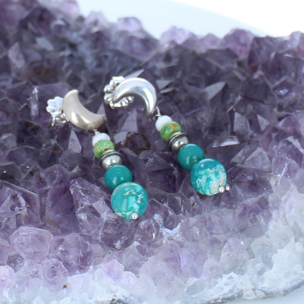 Sonoran and Fox Turquoise Earrings Sterling Moon Posts -NewWorldGems