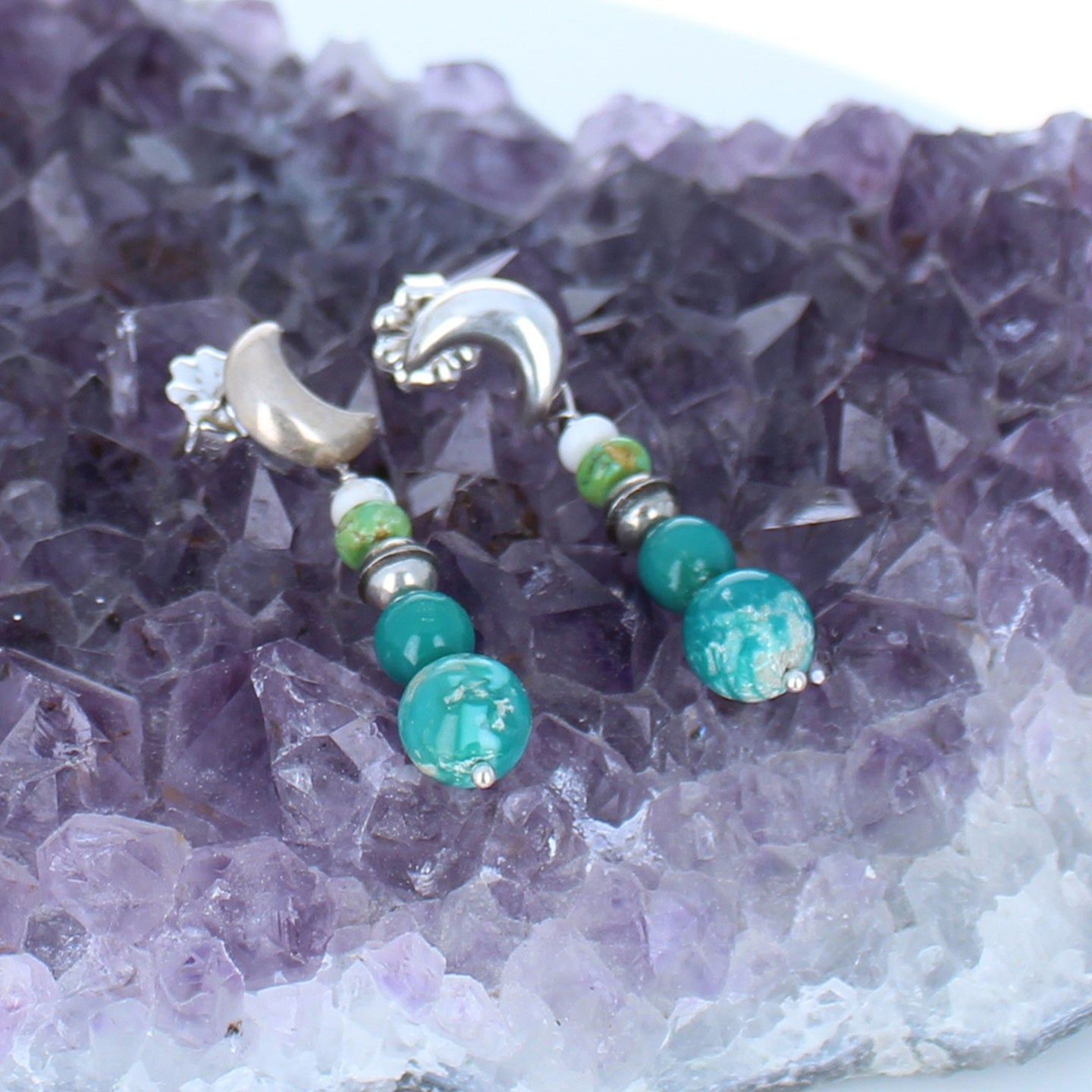 Sonoran and Fox Turquoise Earrings Sterling Moon Posts -NewWorldGems