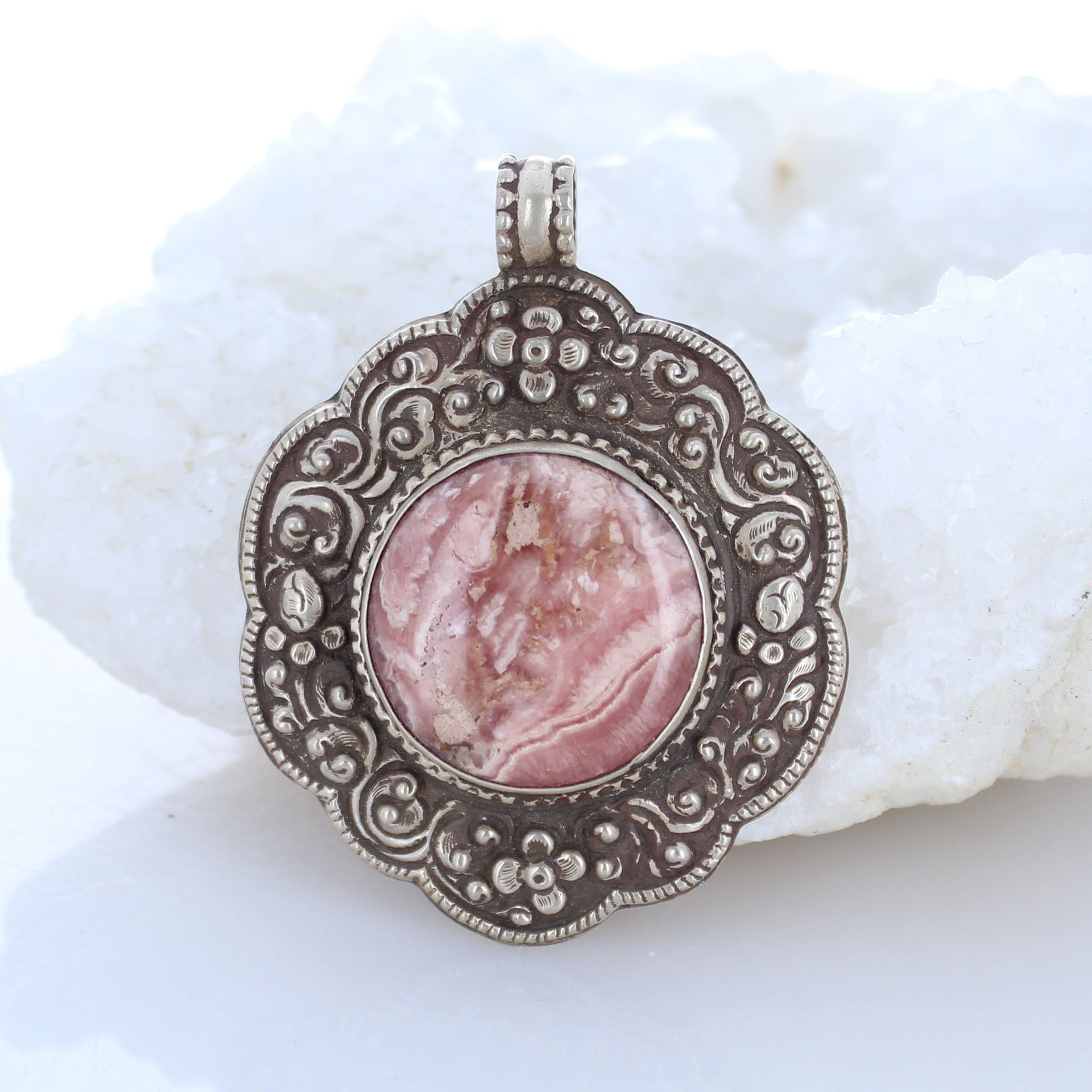Rhodochrosite Sterling Tibetan Pendant Necklace -NewWorldGems