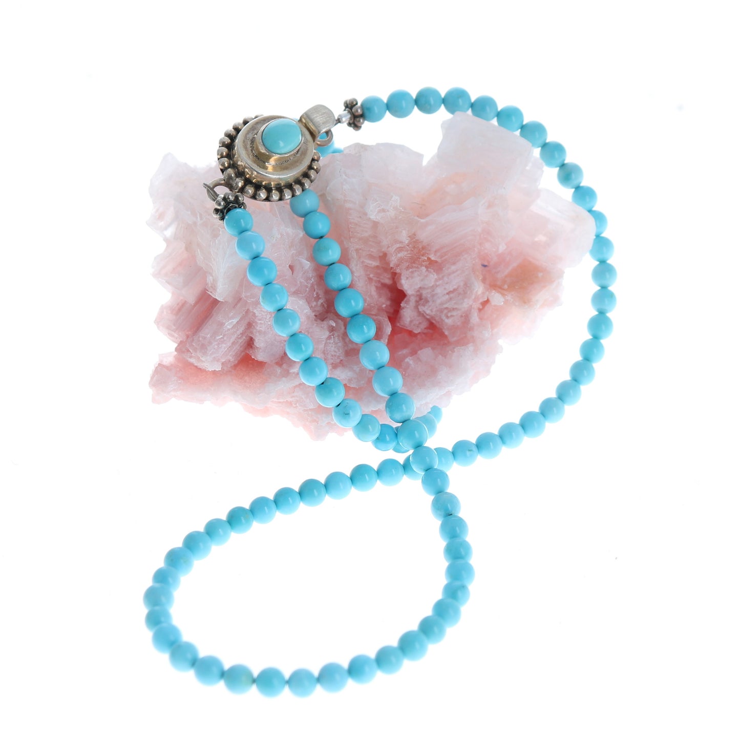 SLEEPING BEAUTY Turquoise Necklace 4mm Round Beads Sterling 17" -NewWorldGems