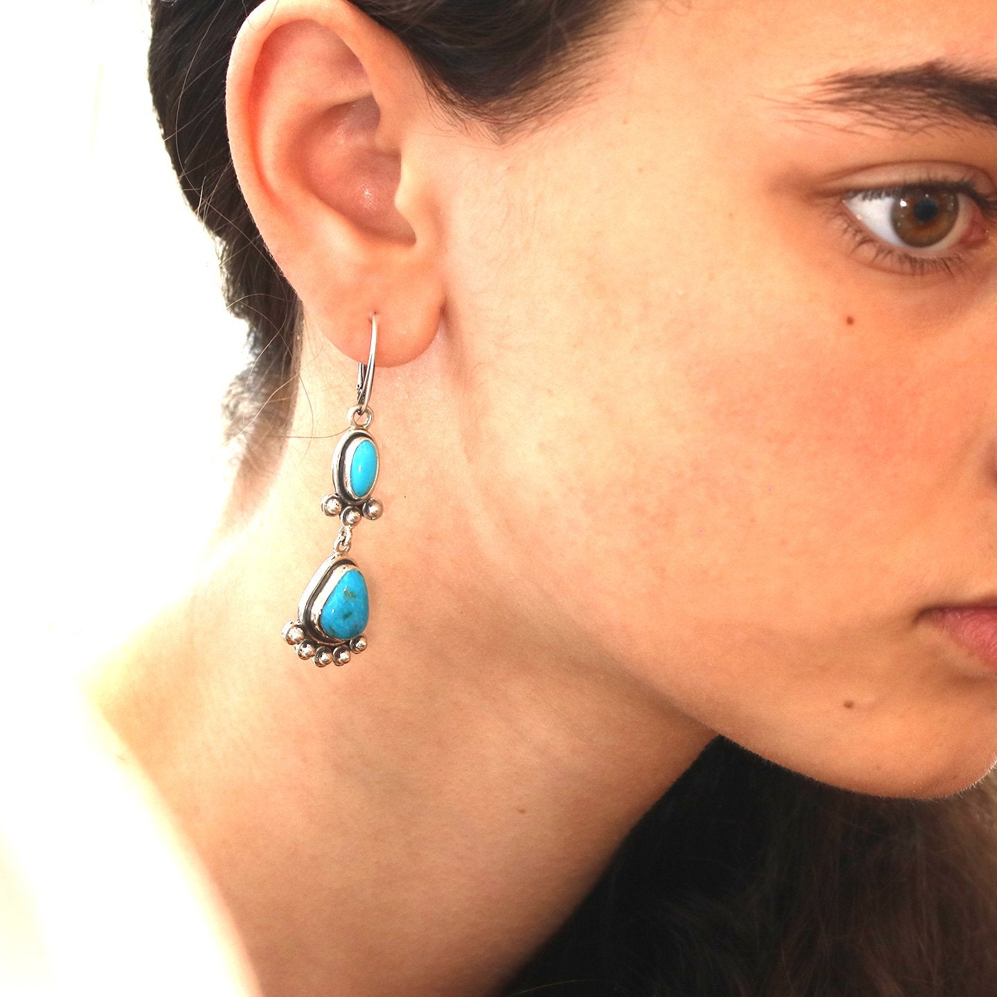 Morenci Turquoise Earrings 2 Stones Sterling Deep Blue -NewWorldGems