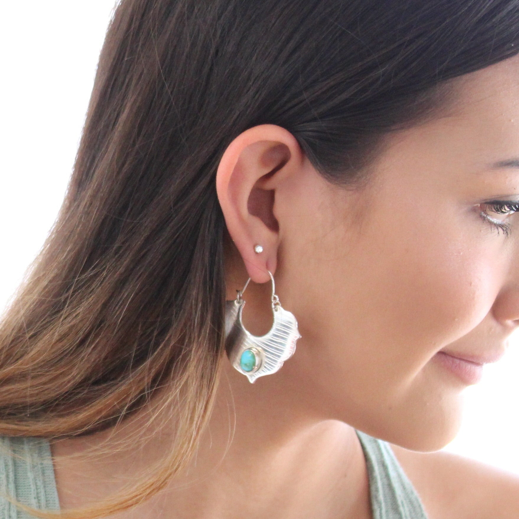 SONORAN GOLD Turquoise Earrings Arabesque Fan Green Blue Sterling -NewWorldGems