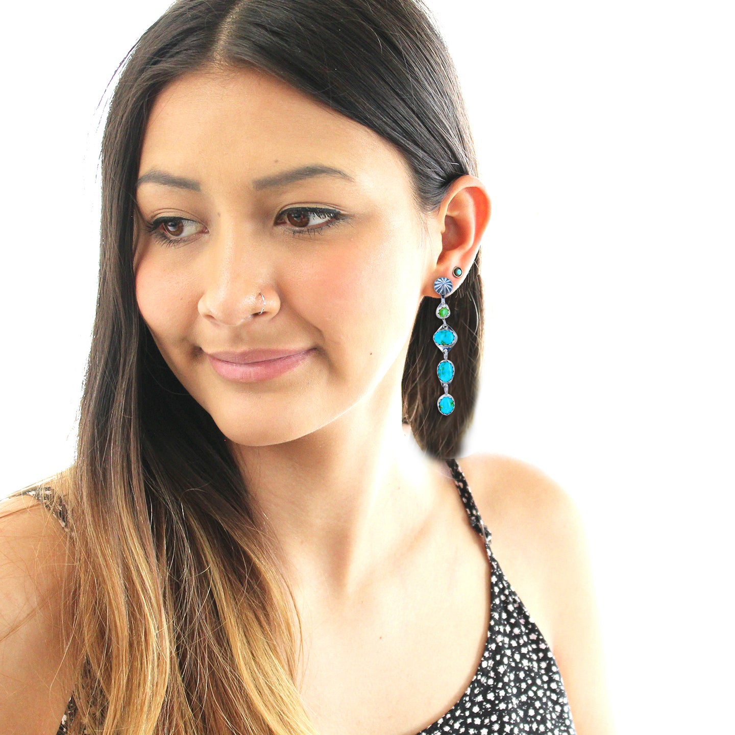 Sonoran Mountain Turquoise Earrings 4 Stone Dangles Sunburst Post -NewWorldGems