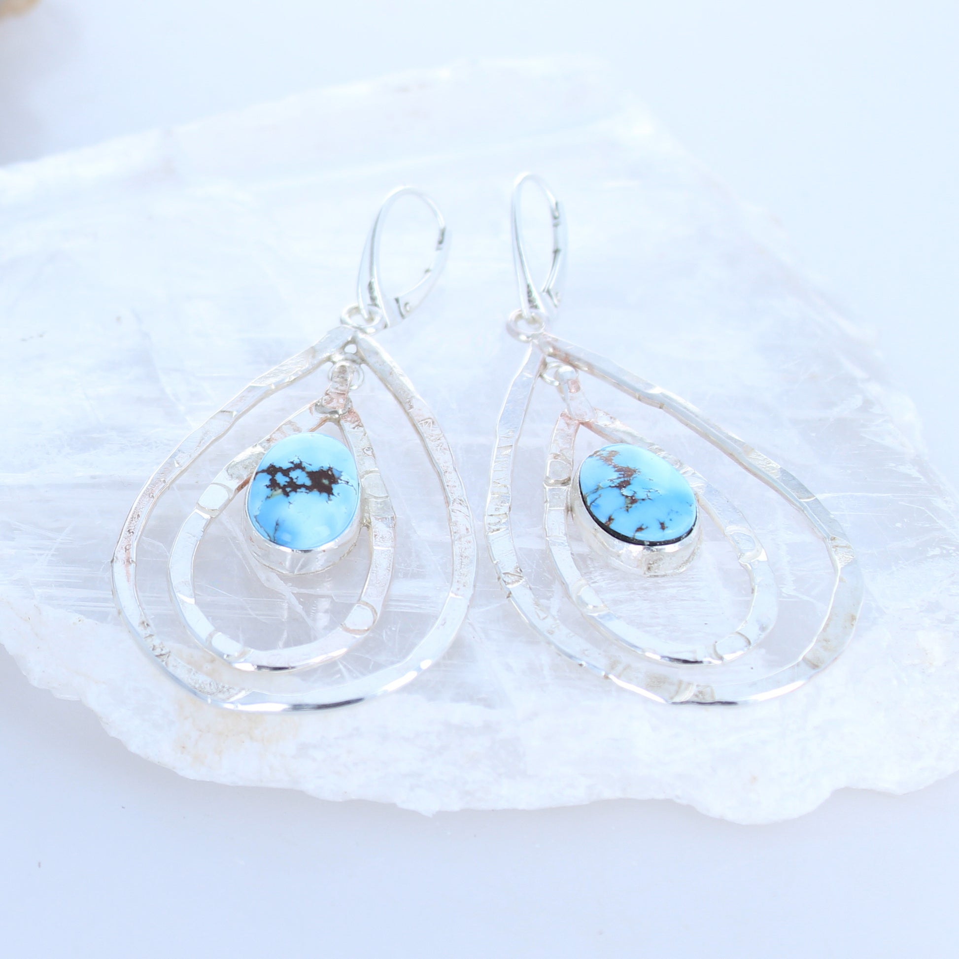 KAZAKHSTAN TURQUOISE Earrings Sterling Silver Double Teardrop Hoops -NewWorldGems