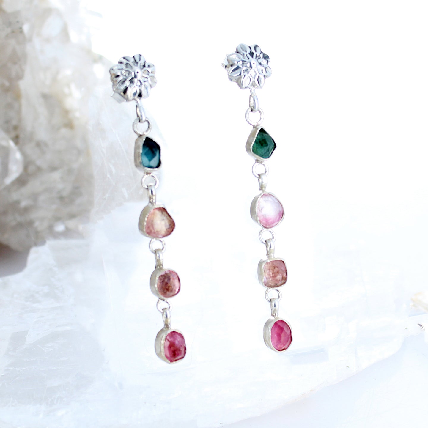Blue and Pink Tourmaline Sterling Earrings 4 Stone Beauties #2 -NewWorldGems