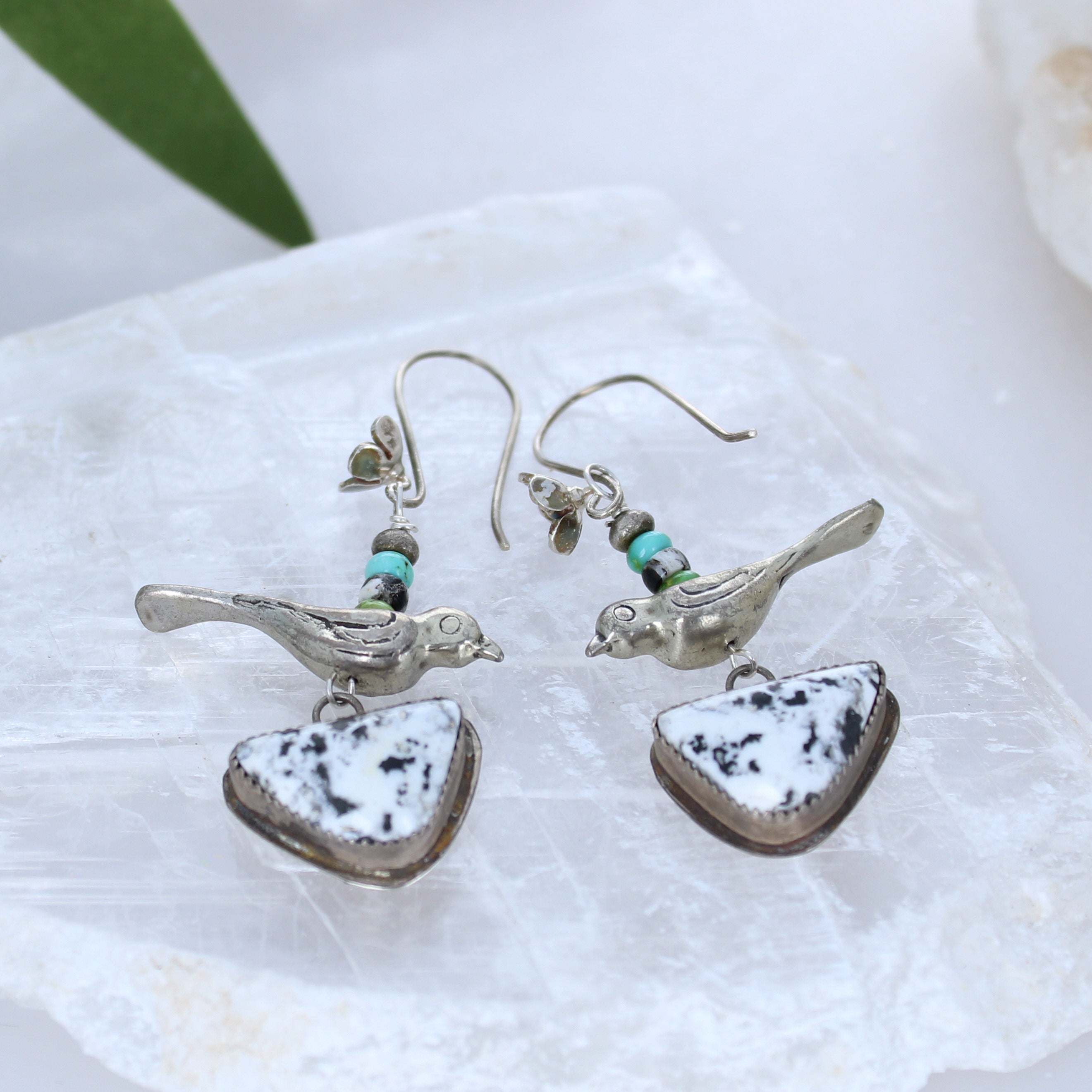 Gorgeous White Buffalo Sonoran Blue and White Turquoise Earrings Sterling Birds -NewWorldGems