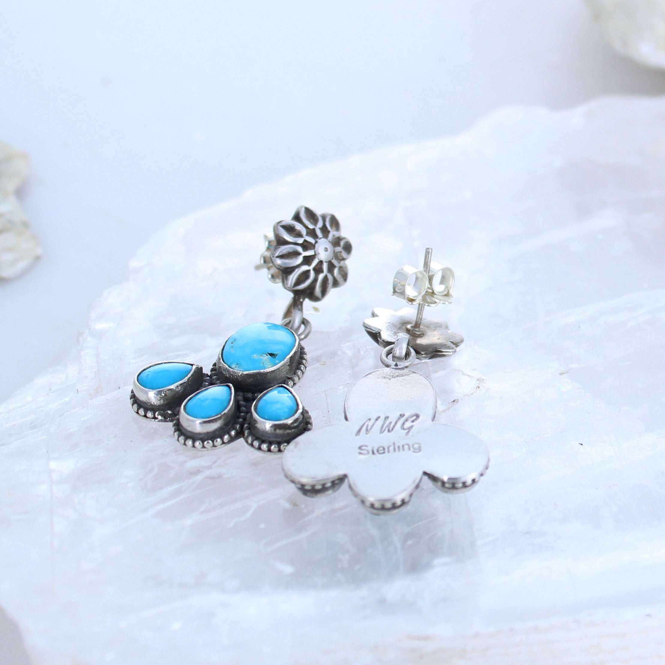 Sonoran Rose Blue Petal Earrings Sterling Silver 4 Stone Posts -NewWorldGems