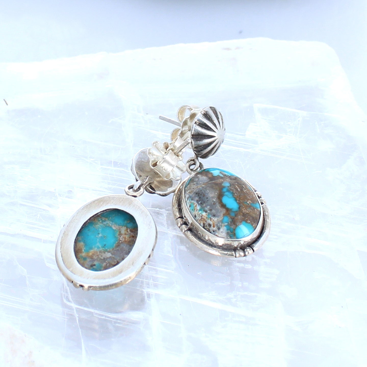 Carico Lake Turquoise Earrings Sterling Silver Blue Red Matrix Ovals -NewWorldGems