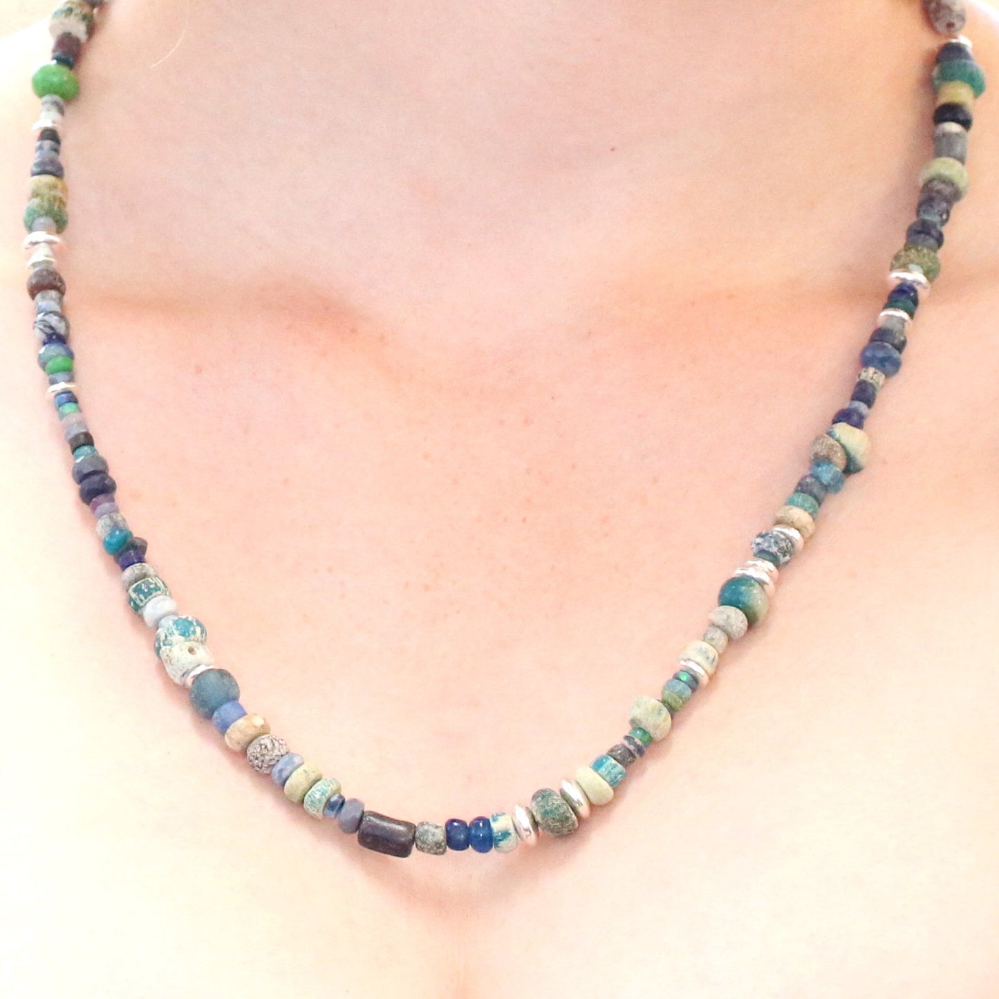 Ancient Mali Dig Beads Necklace Sterling And Black Opals -NewWorldGems