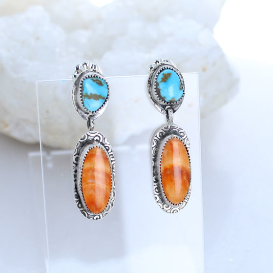 Sunset Lone Mountain Turquoise Sterling Earrings with Spiny Oyster Patterned -NewWorldGems