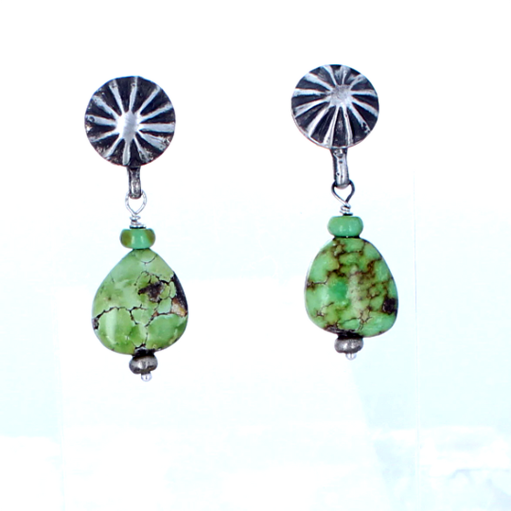 Sonoran Gold Turquoise Teardrop Earrings Sunburst Sterling -NewWorldGems