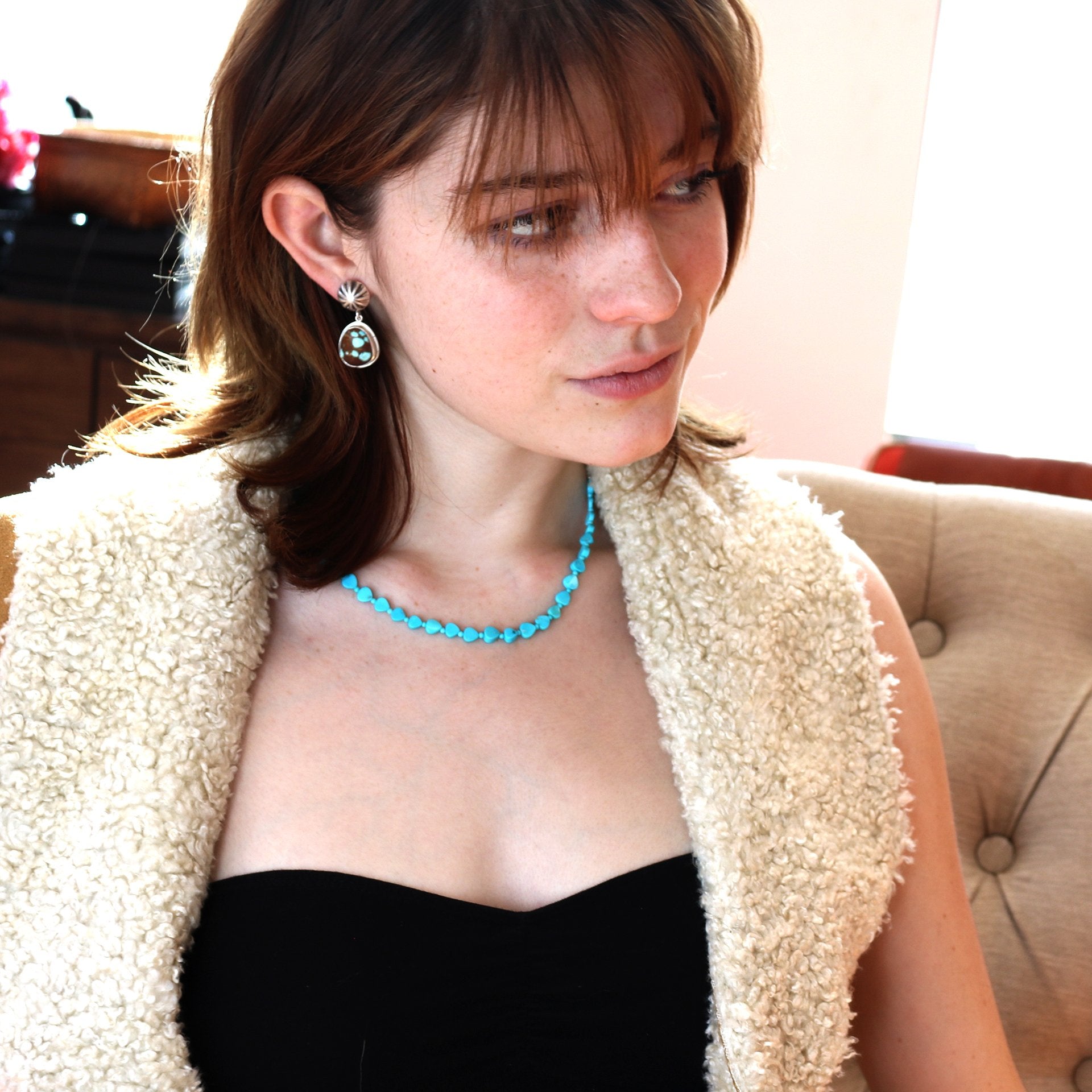 Sleeping Beauty Turquoise Necklace Heart Shaped Beads -NewWorldGems