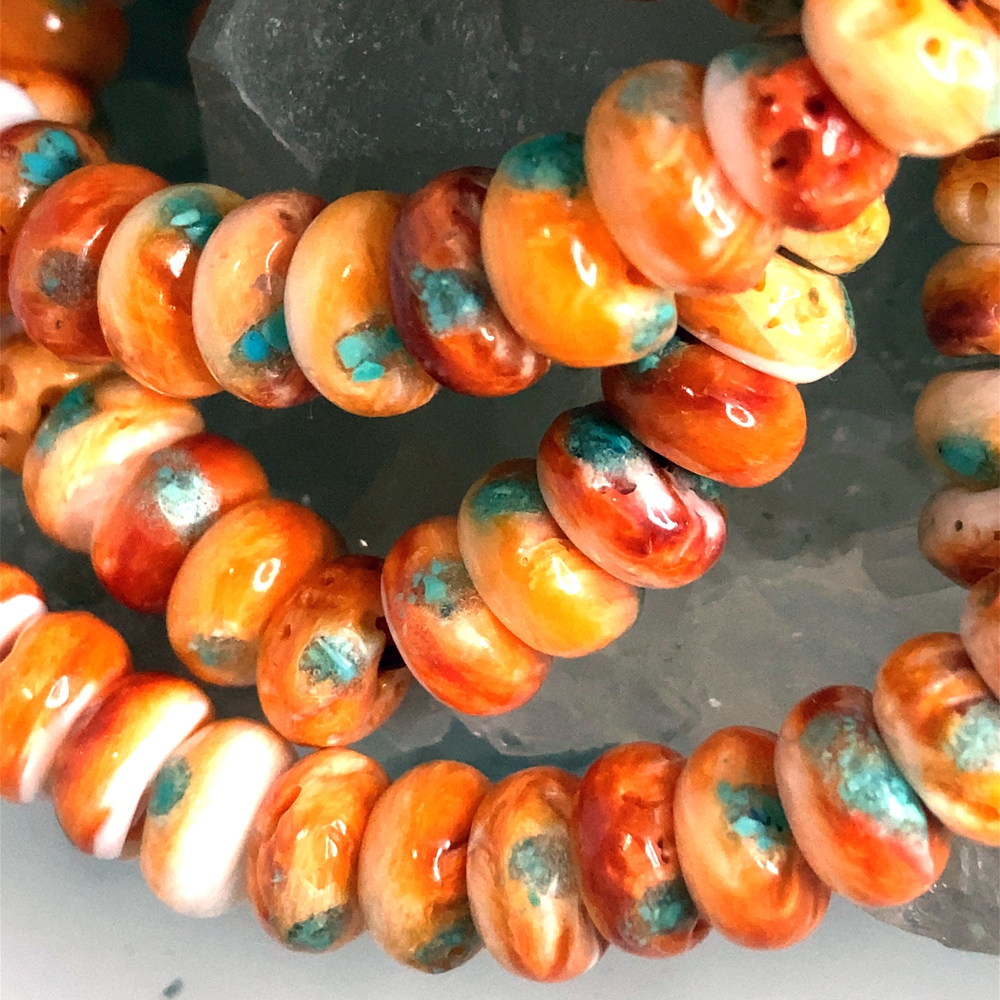 Red Orange Spiny Oyster Beads With Turquoise Inlay 16" Graduated 4-8mm -NewWorldGems