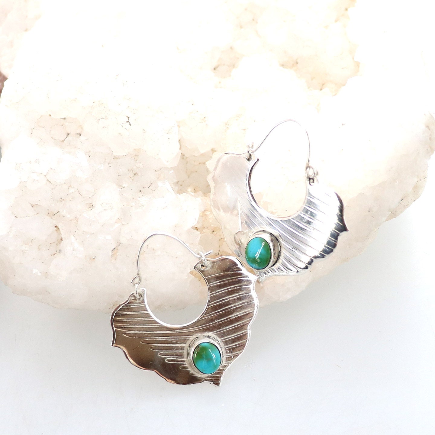 SONORAN GOLD Turquoise Earrings Arabesque Fan Green Blue Sterling -NewWorldGems