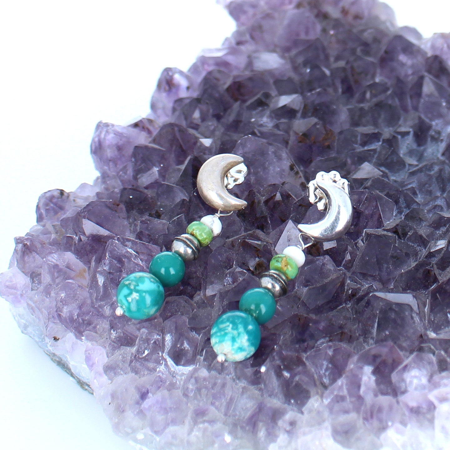 Sonoran and Fox Turquoise Earrings Sterling Moon Posts -NewWorldGems