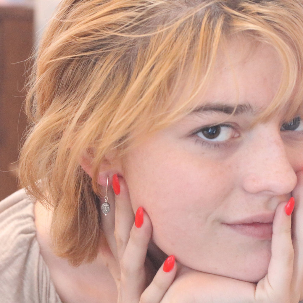 Pave Diamond Earrings Sterling Silver 6X8Mm 1.25" -NewWorldGems