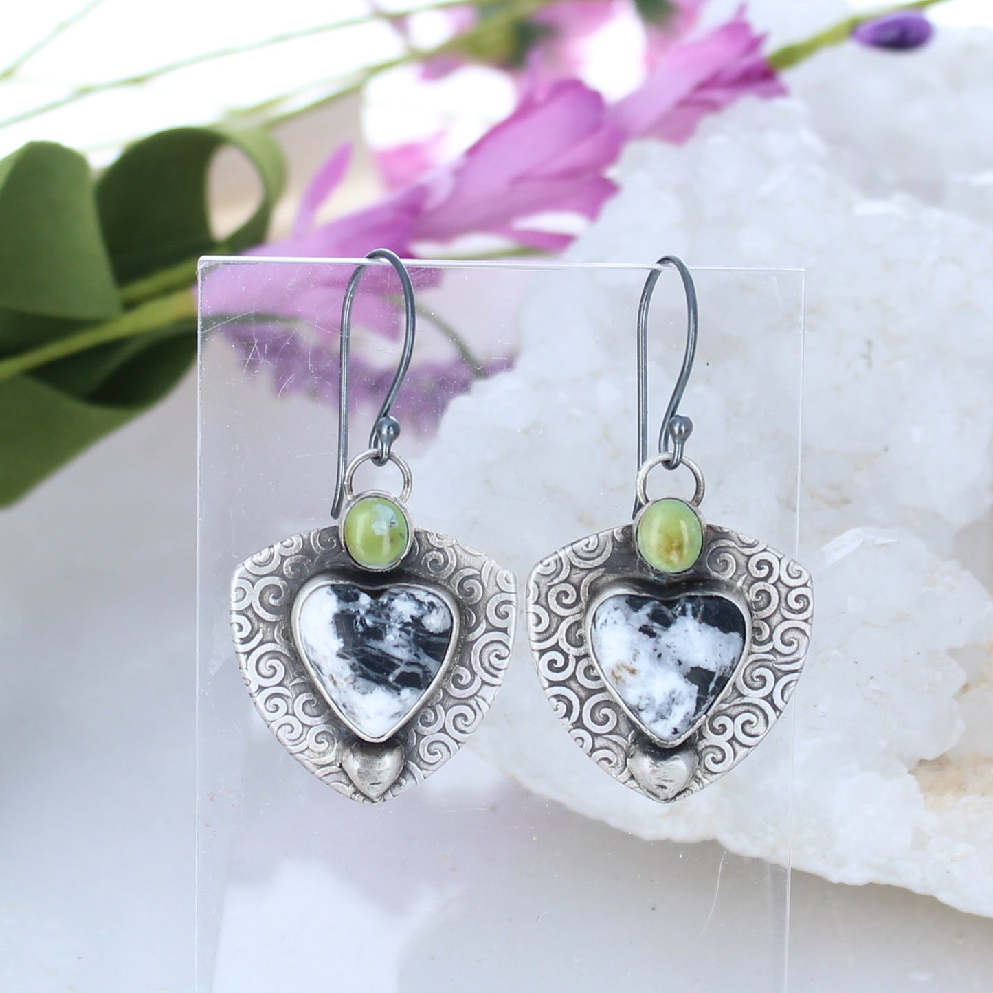 Hearts Sonoran Gold and White Buffalo Turquoise Earrings Sterling -NewWorldGems