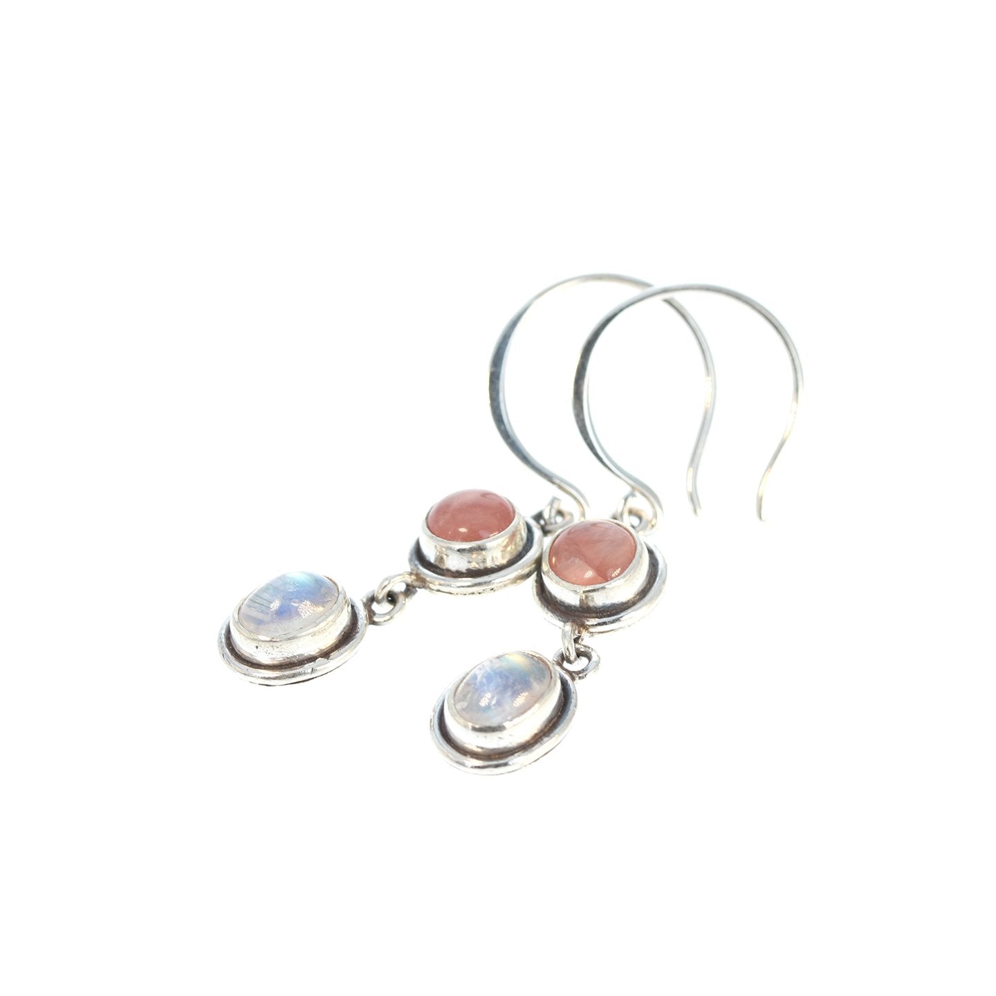 Rhodochrosite And Blue Moonstone Earrings Dangles Hoops -NewWorldGems