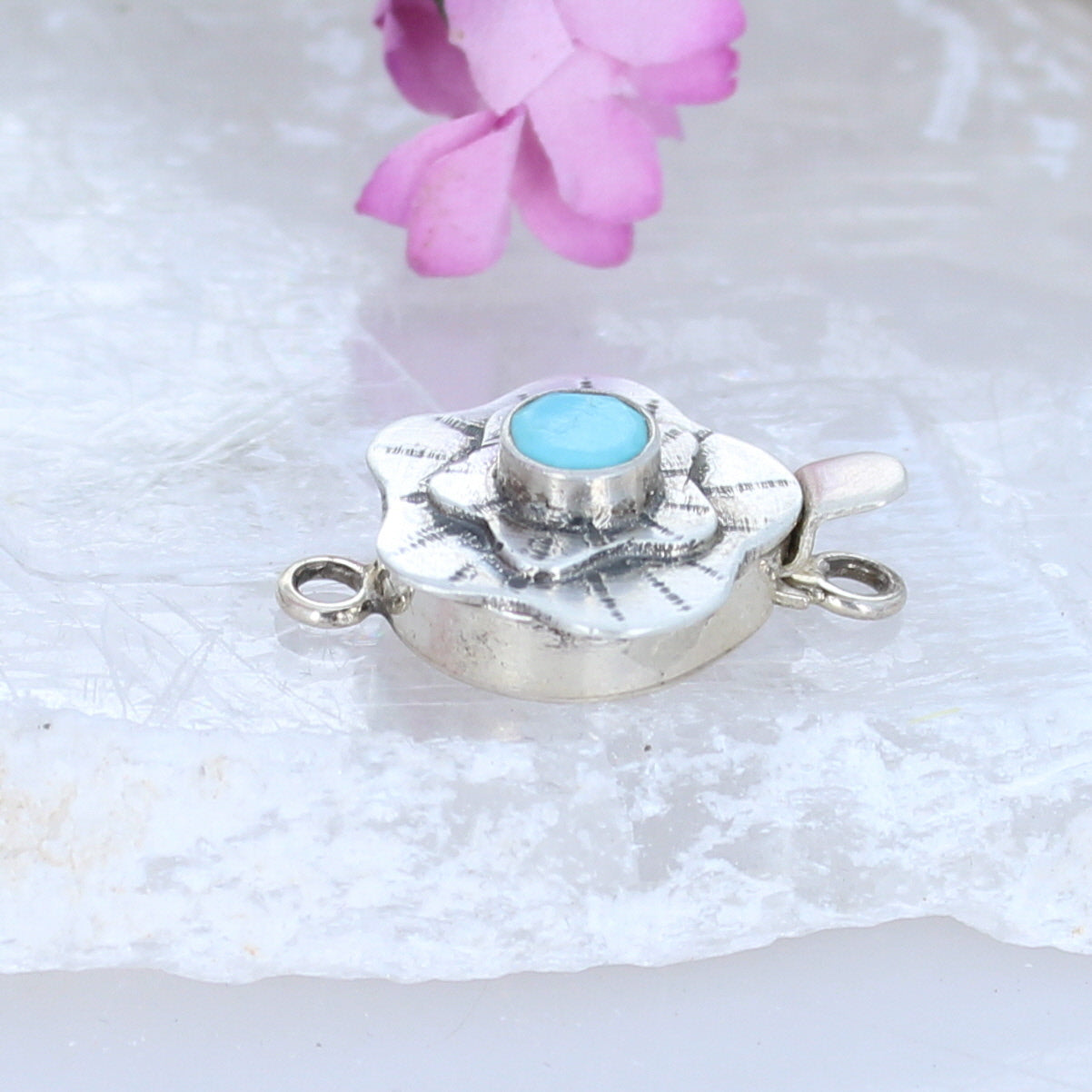 Faceted Turquoise Floral Clasp Sterling Silver Handmade -NewWorldGems