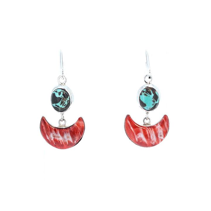 Red Spiny Oyster Moon Earrings With Turquoise Accents -NewWorldGems