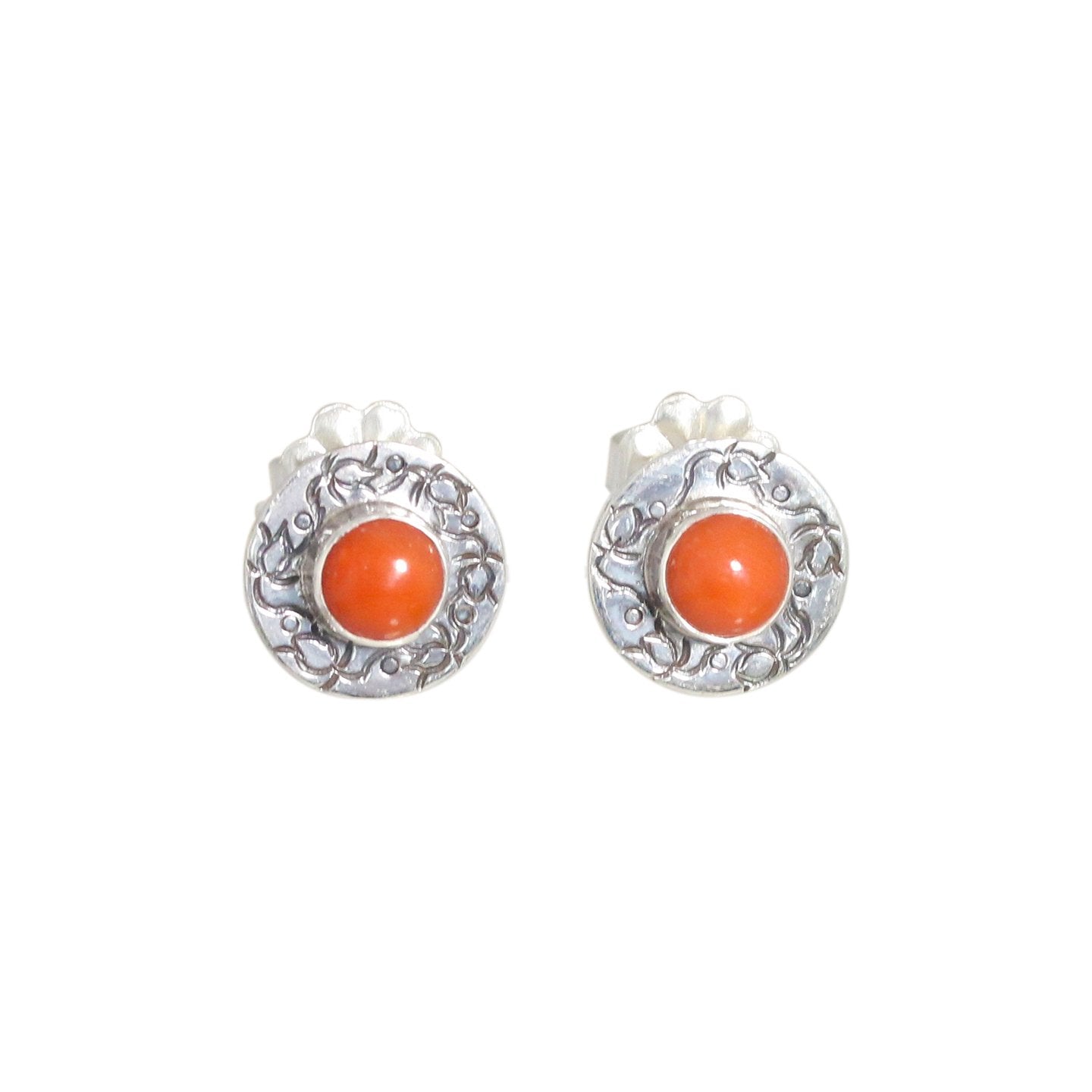 Red Italian Coral Earrings Sterling Style Posts 7Mm Round, -NewWorldGems