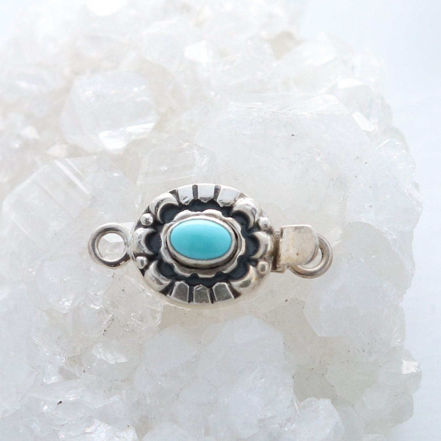 White Water Turquoise Clasp Sterling Moon Petal Design Oval 7X5mm -NewWorldGems