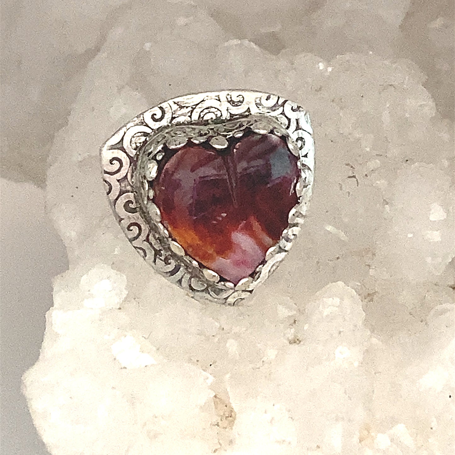 Gorgeous Purple Red Spiny Oyster Heart Ring Sterling Size 6 Spiral -NewWorldGems