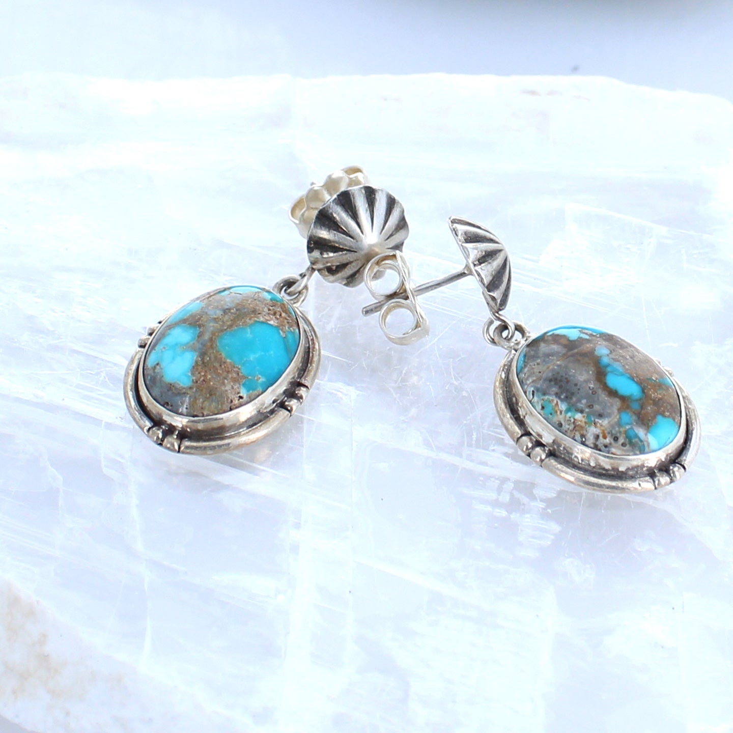 Carico Lake Turquoise Earrings Sterling Silver Blue Red Matrix Ovals -NewWorldGems