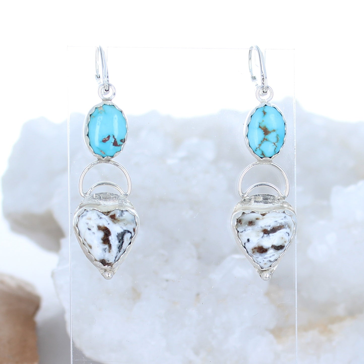 Moon Hearts Carico Lake and White Buffalo Turquoise Earrings Sterling -NewWorldGems