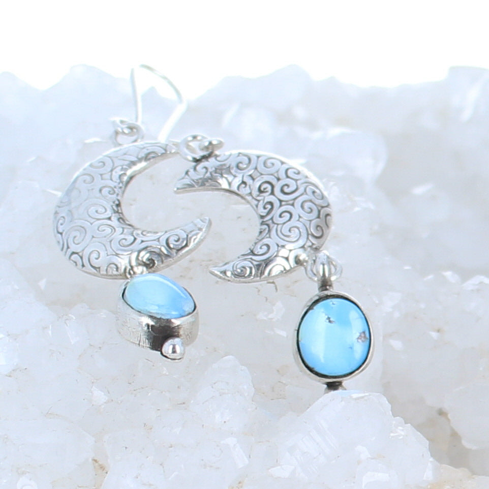 Kazakhstan Turquoise Sterling Silver Spiral Moon Crescent Earrings -NewWorldGems