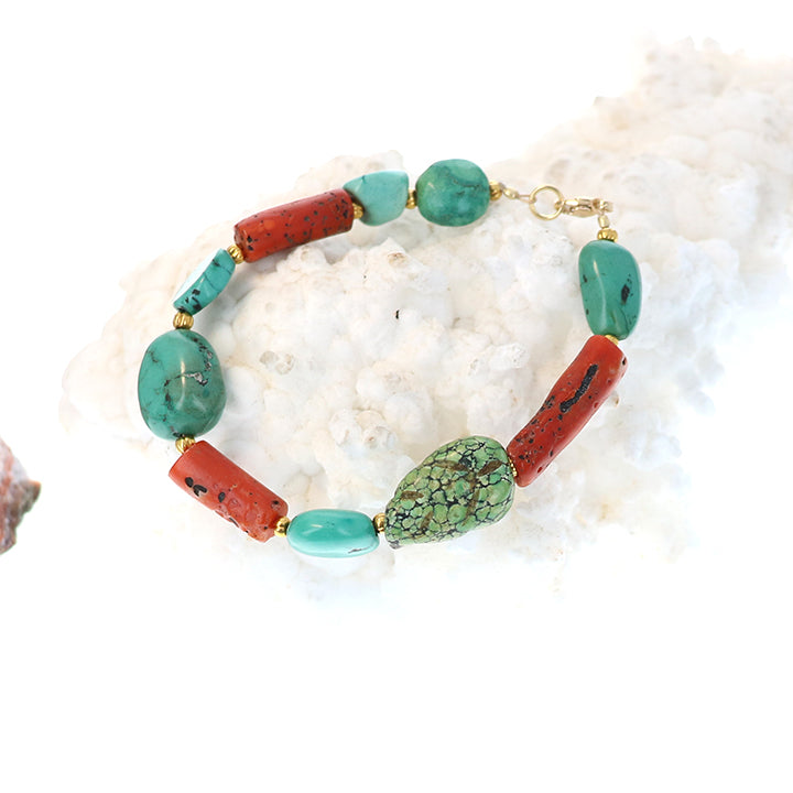 Antique Tibetan Turquoise with Coral Aand 18K Gold Bracelet #2 -NewWorldGems