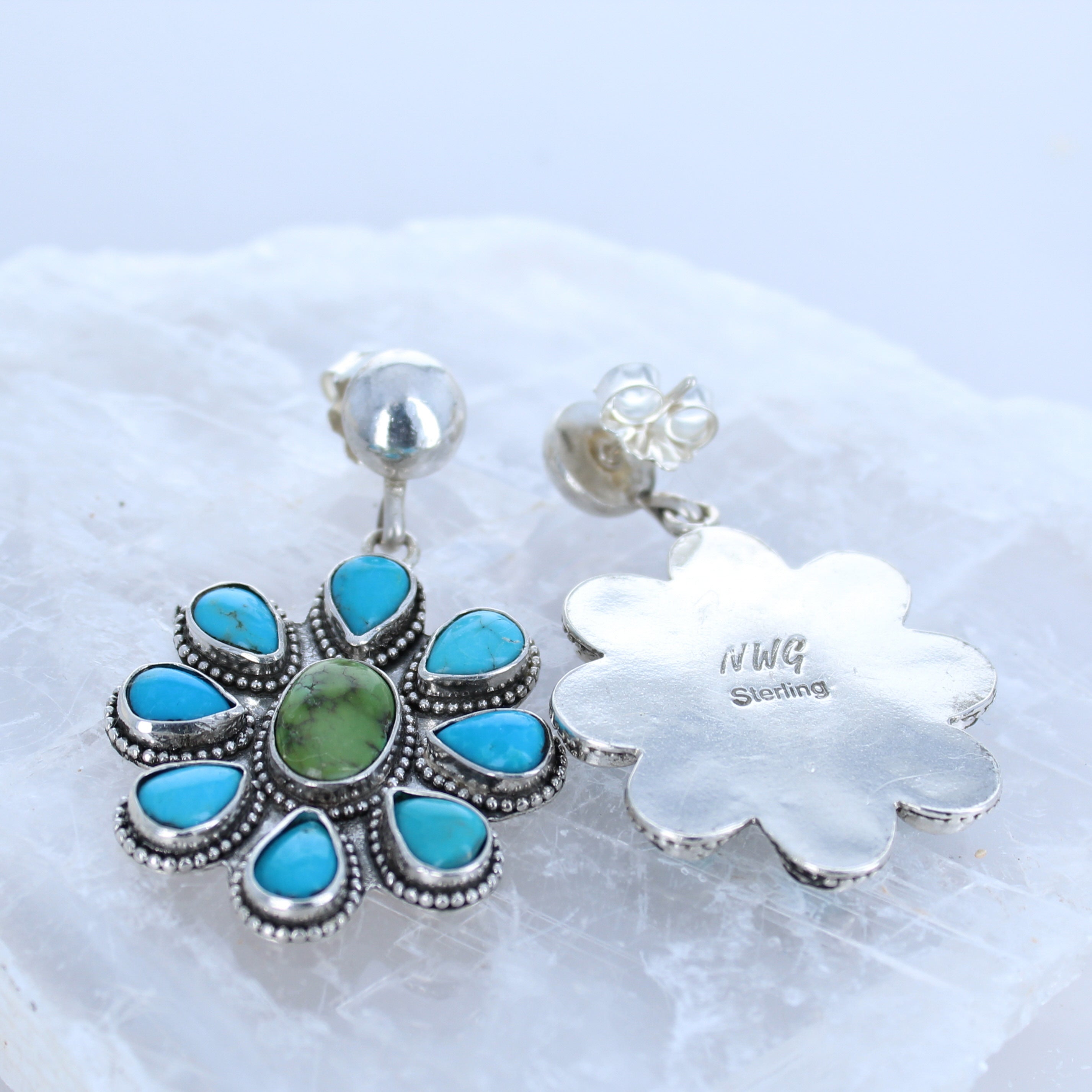 Sleeping Beauty and Sonoran Gold Turquoise Flower EarringsSouthwest 9 Stones -NewWorldGems