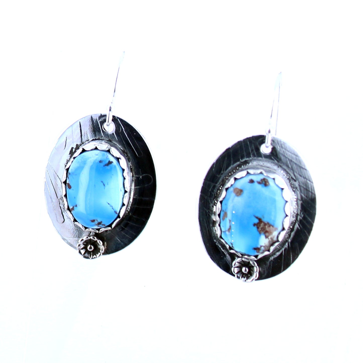 Kazakhstan Turquoise Earrings Oval Patterned Sterling Silver -NewWorldGems
