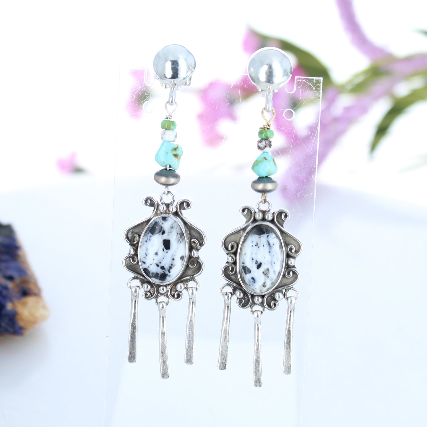 Rare White Buffalo Turquoise Earrings Sterling Scroll Design with Lone Mountain -NewWorldGems