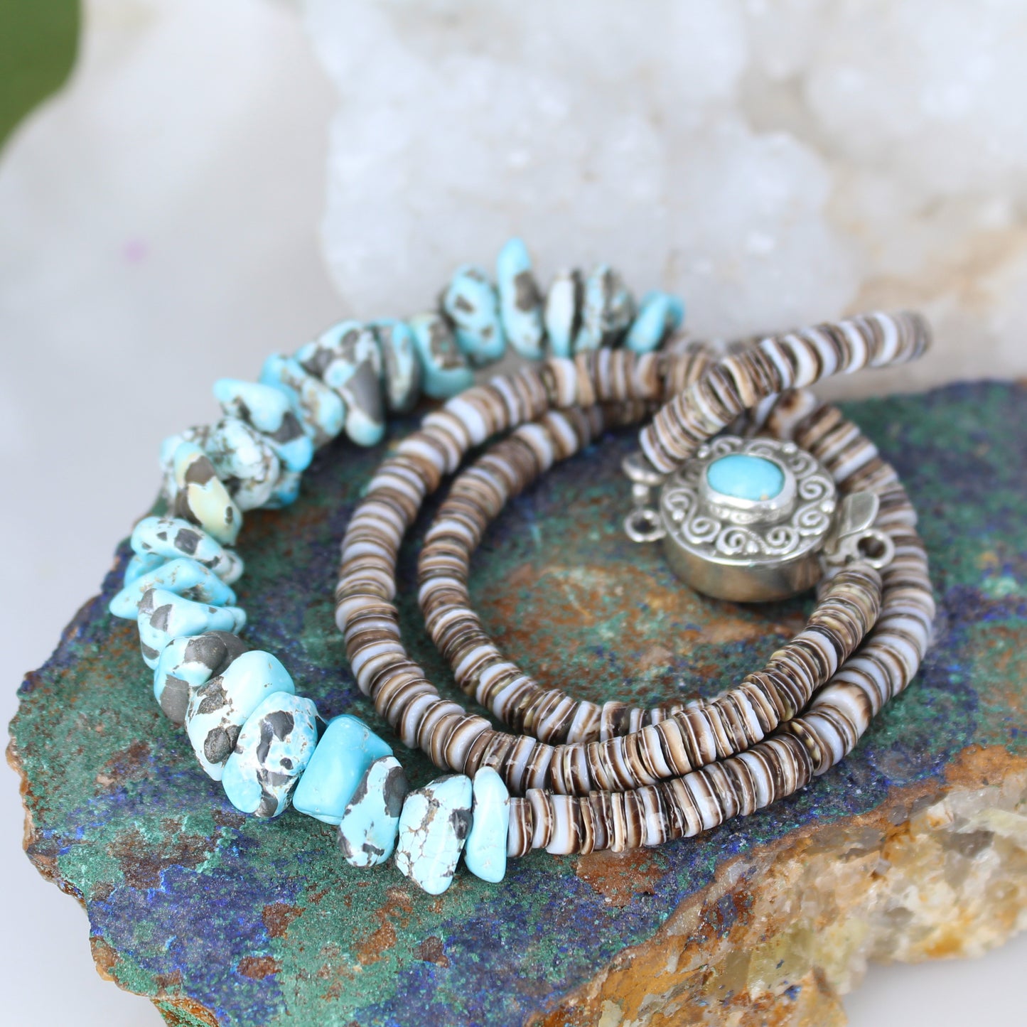 Lone Mountain Turquoise Necklace with Shell Heshi Sterling -NewWorldGems