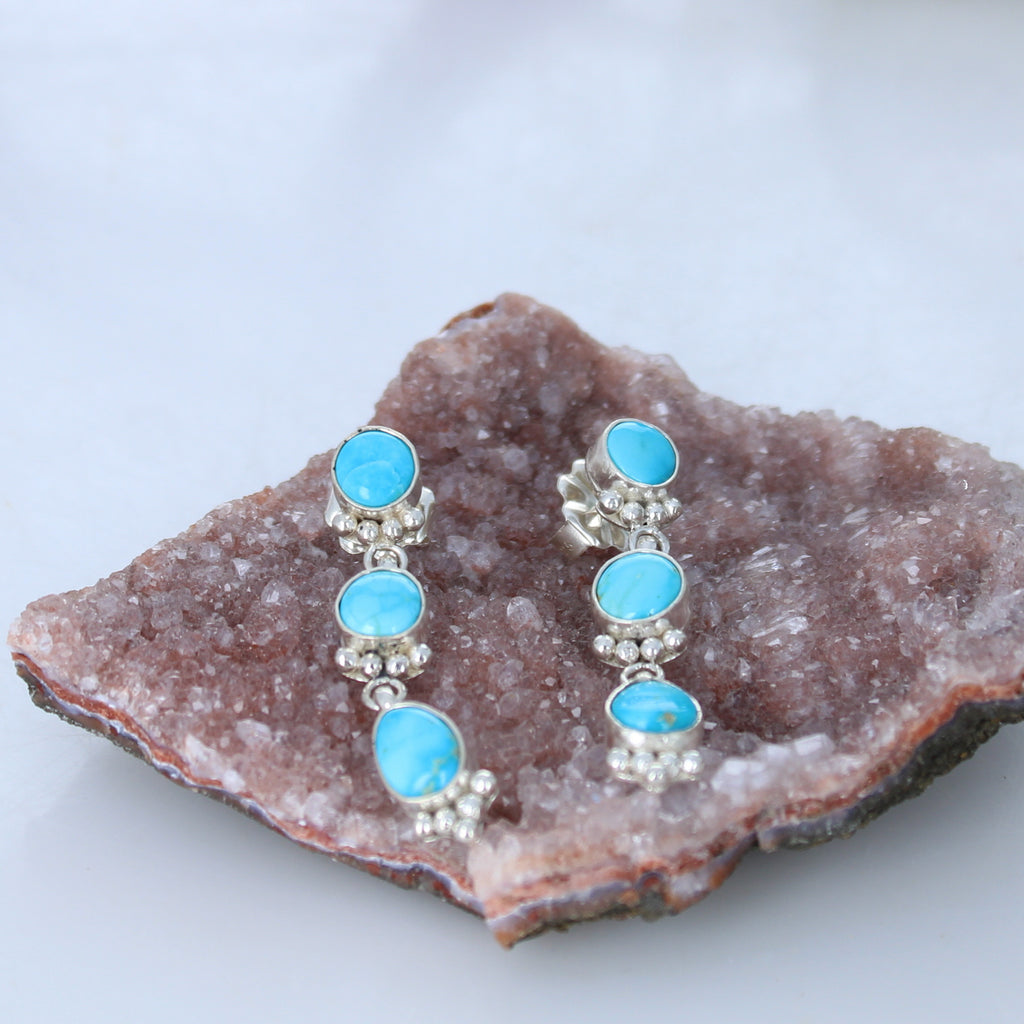 Blue Ridge Turquoise 3 Stone Earrings Sterling Silver Unique Handmade -NewWorldGems
