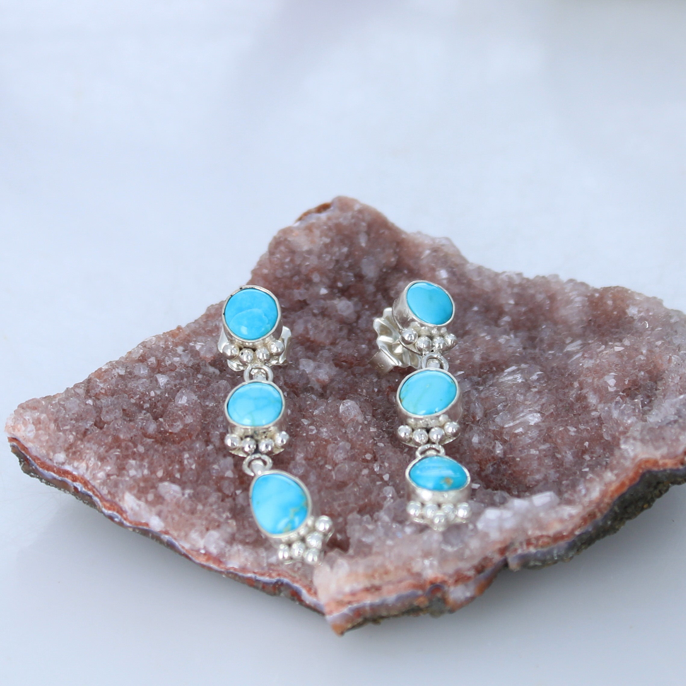 Blue Ridge Turquoise 3 Stone Earrings Sterling Silver Unique Handmade -NewWorldGems