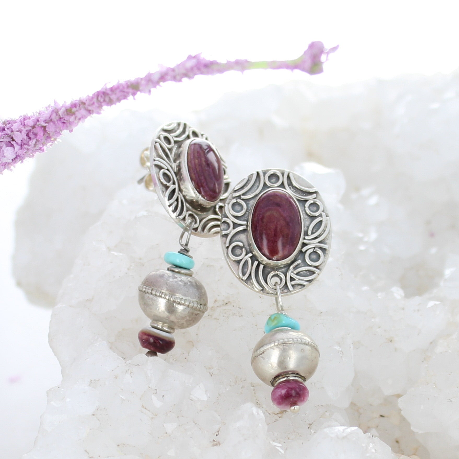 Purple Spiny Oyster Earrings Oval 7x9mm Posts Wire Design Dangles -NewWorldGems